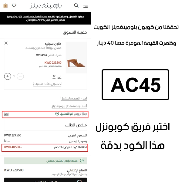  النتيجة ظاهرة في الـ Proof بعد تجربة الشراء من بلومينغديلز الكويت، كوبون بلومينغديلز AC45 اشتغل على السلة وخصم لنا 40 دينار