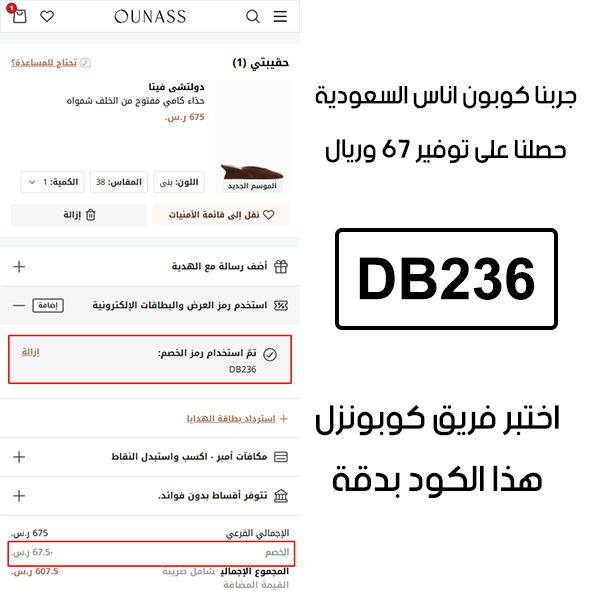 لقطة التأكيد توضح النتيجة بعد اختبار كوبون اناس DB236 في صفحة الدفع الخاصة ببراند اناس السعودية، والخصم انحسب على الطلب بمبلغ 67 ريال