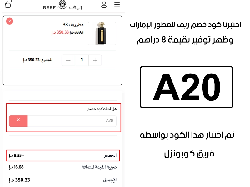 جربنا الكود بأنفسنا داخل متجر ريف للعطور الإمارات، والـ Proof يوضح إن كود خصم ريف A20 فعّل خصم مباشر بمقدار 8 دراهم إماراتية